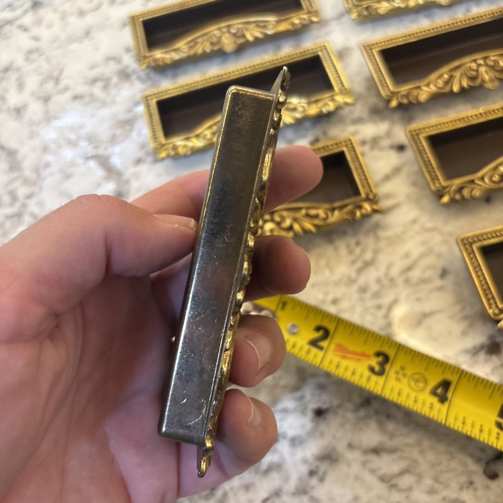 8 VTG Vcr Italy Brass Label Holder Drawer Pull French Provincial Rococo Hardware - Picture 10 of 16